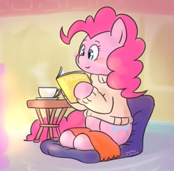 Size: 901x884 | Tagged: safe, artist:wakyaot34, pinkie pie, earth pony, pony, g4, clothes, cup, female, mare, reading, smiling, solo, sweater, table