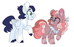 Size: 800x512 | Tagged: safe, artist:just-evs, artist:selenaede, pinkie pie, soarin', earth pony, pegasus, pony, g4, apron, base used, clothes, ear piercing, earring, female, jewelry, male, mare, piercing, redesign, shipping, simple background, soarinpie, stallion, straight, white background