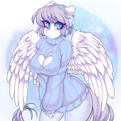 Size: 1772x1772 | Tagged: safe, artist:tolsticot, oc, oc only, oc:silver lining(q), pegasus, anthro, :o, boob window, breasts, cleavage, clothes, colored pupils, commission, earmuffs, female, floppy ears, fluffy, freckles, heart shaped boob window, keyhole turtleneck, looking at you, mare, open mouth, open-chest sweater, pegasus oc, solo, spread wings, sweater, sweater puppies, turtleneck, wing fluff, wings, your character here