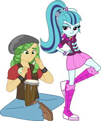 Size: 2822x3384 | Tagged: safe, artist:cloudy glow, artist:zeldarondl, edit, sandalwood, sonata dusk, equestria girls, g4, my little pony equestria girls: rainbow rocks, bongos, clothes, crossed legs, drumming, drums, duo, female, gem, high res, male, microphone, miniskirt, musical instrument, pants, ponytail, sandata, shipping, shirt, shoes, simple background, siren gem, sitting, skirt, smiling, straight, transparent background, vector, vest