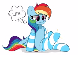 Size: 4096x2977 | Tagged: safe, artist:kittyrosie, rainbow dash, pegasus, pony, g4, adorable distress, clothes, confused, cute, daaaaaaaaaaaw, dashabetes, female, high res, mare, socks, solo, striped socks, thought bubble, tsunderainbow, tsundere