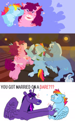 Size: 1280x2078 | Tagged: safe, artist:berriesandsmallbirds, pinkie pie, rainbow dash, trixie, twilight sparkle, alicorn, earth pony, pegasus, pony, unicorn, g4, alternate design, angry, bottle, comic, dare, drink, drinking, female, glass, heart, jealous, kissing, lesbian, party, shaking, ship:pinkiedash, shipping, stripes, sweat, sweating profusely, twilight sparkle (alicorn)