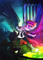 Size: 2509x3504 | Tagged: safe, artist:ink_architect, rainbow dash, scootaloo, human, fanfic:rainbow factory, g4, blood, blood stains, boots, clothes, crazy face, duo, faic, fanfic art, female, high res, humanized, lab coat, necktie, shoes, spread wings, syringe, wings
