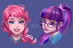 Size: 1145x750 | Tagged: safe, artist:卯卯七, part of a set, pinkie pie, sci-twi, twilight sparkle, human, g4, alternate hairstyle, bust, duo, female, glasses, humanized, lipstick, realistic, signature