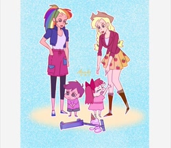 Size: 864x750 | Tagged: safe, artist:卯卯七, apple bloom, applejack, rainbow dash, scootaloo, human, g4, crayon shin-chan, crying, dropped ice cream, female, food, humanized, ice cream, ice cream cone, scooter, siblings, sisters, style emulation