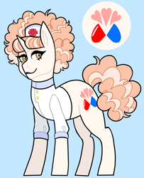 Size: 1342x1649 | Tagged: safe, artist:iesbeans, oc, oc only, oc:blood sugar, pony, unicorn, blue background, crack ship offspring, curly mane, female, hat, mare, nurse, nurse hat, offspring, parent:nurse redheart, parent:svengallop, simple background, solo
