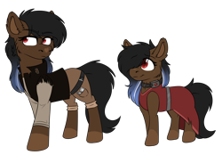 Size: 2020x1408 | Tagged: safe, artist:rokosmith26, oc, oc only, earth pony, pony, clothes, collar, dress, duo, duo female, female, filly, freckles, hair over one eye, mare, pants, red eyes, shirt, siblings, simple background, sisters, slave, slave collar, smiling, standing, transparent background