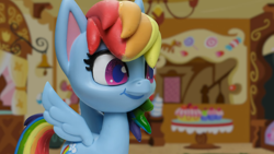 Size: 1920x1080 | Tagged: safe, screencap, rainbow dash, pegasus, pony, cake off, g4, g4.5, my little pony: stop motion short, cute, smiling, solo, stop motion, sugarcube corner