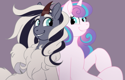 Size: 1128x720 | Tagged: safe, artist:imperiialfrost, princess flurry heart, oc, oc:monsoon blossom, kirin, pony, g4, interspecies offspring, offspring, older, older flurry heart, parent:oc:wintertide frost, parent:storm king, parents:canon x oc