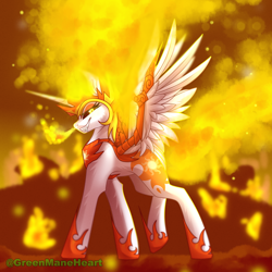 Size: 3000x3000 | Tagged: safe, artist:greenmaneheart, daybreaker, alicorn, pony, g4, evil smile, fangs, female, fire, grin, high res, mane of fire, mare, profile, smiling, solo