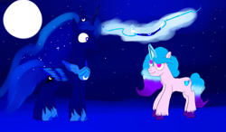 Size: 1280x747 | Tagged: safe, artist:horsesplease, izzy moonbow, princess luna, alicorn, pony, unicorn, g5, bow (weapon), colored wings, colored wingtips, duo, female, izzy diana moonbow, magic, mare, moon, name pun, pun, wings