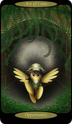 Size: 1500x2591 | Tagged: safe, artist:sixes&sevens, part of a set, daring do, g4, ace of coins, archway, boulder, hat, leaves, looking at you, minor arcana, mouth hold, running, running away, tarot card, vine, wings