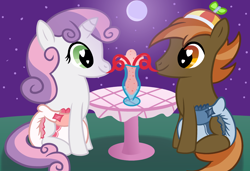 Size: 2500x1709 | Tagged: safe, artist:sweetielover, button mash, sweetie belle, earth pony, pony, unicorn, g4, cute, date, diaper, diaper fetish, diasweetes, female, fetish, heart eyes, male, milkshake, moon, nightime, non-baby in diaper, sharing a drink, ship:sweetiemash, shipping, straight, straw, table, wingding eyes
