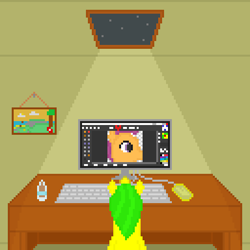 Size: 512x512 | Tagged: safe, artist:valuable ashes, scootaloo, oc, oc:technical writings, pegasus, pony, unicorn, g4, computer, computer mouse, drawing, keyboard, magic, night, picture frame, pixel art, table, telekinesis, water bottle, window