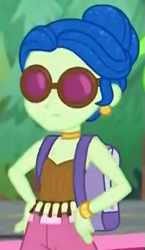 Size: 375x645 | Tagged: safe, screencap, laurel jade, equestria girls, equestria girls specials, g4, my little pony equestria girls: better together, my little pony equestria girls: sunset's backstage pass, backpack, cropped, ear piercing, earring, female, jewelry, piercing, sleeveless, solo, sunglasses