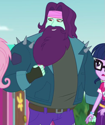 Size: 495x590 | Tagged: safe, screencap, fluttershy, rift axe, sci-twi, twilight sparkle, equestria girls, equestria girls series, g4, the road less scheduled, the road less scheduled: fluttershy, spoiler:eqg series (season 2), background human, beard, clothes, cropped, facial hair, fingerless gloves, flutterpunk, gloves, male, muscles, solo focus