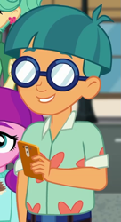 Size: 435x800 | Tagged: safe, screencap, doodle bug, garden grove, lily longsocks, equestria girls, g4, my little pony equestria girls: better together, street magic with trixie, background human, cellphone, cropped, phone, solo focus