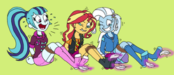 Size: 2500x1082 | Tagged: safe, artist:bugssonicx, sonata dusk, sunset shimmer, trixie, human, equestria girls, g4, arm behind back, bondage, clothes, crying, feather, female, grin, laughing, lip bite, magic, open mouth, smiling, socks, stocking feet, tears of laughter, teary eyes, tickle torture, tickling, tied up