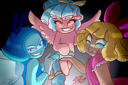 Size: 1772x1181 | Tagged: safe, artist:shacy's pagelings, cozy glow, gem (race), human, pegasus, pony, g4, aquamarine (gemstone), aquamarine (steven universe), cats don't dance, crossover, darla dimple, evil smile, fanart, female, filly, gem, grin, group, imminent death, looking at you, smiling, smiling at you, steven universe, this will end in death, this will end in tears, this will end in tears and/or death, trio, trio female
