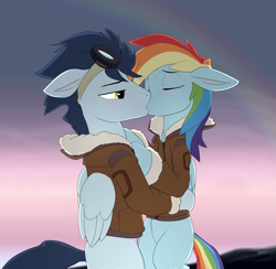 Size: 2453x2397 | Tagged: artist needed, source needed, safe, rainbow dash, soarin', pegasus, pony, g4, aviator goggles, bomber jacket, clothes, cute, duo, eyes closed, female, floppy ears, goggles, high res, hug, jacket, kiss on the lips, kissing, lidded eyes, male, missing cutie mark, rainbow, ship:soarindash, shipping, straight