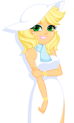 Size: 891x1472 | Tagged: safe, artist:rosemile mulberry, applejack, human, equestria girls, g4, alternate hairstyle, applejack also dresses in style, applejewel, bare shoulders, beautiful, blonde, bracelet, clothes, diamond, dress, eyeshadow, female, freckles, grin, hat, jewelry, lipstick, looking at you, makeup, rubbing arm, scarf, shoulder freckles, simple background, sleeveless, smiling, smiling at you, solo, sun hat, tomboy taming, white background, white dress