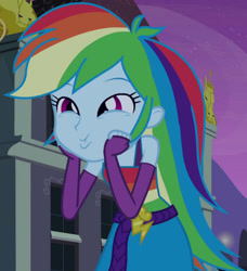 Size: 1920x2106 | Tagged: safe, screencap, rainbow dash, equestria girls, g4, my little pony equestria girls, belt, canterlot high, clothes, cropped, cute, cutie mark, cutie mark on clothes, daaaaaaaaaaaw, dashabetes, dashface, fall formal outfits, fingerless gloves, gloves, hnnng, night, sleeveless, weapons-grade cute