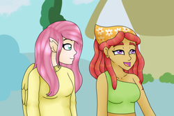 Size: 1920x1280 | Tagged: safe, artist:spokenmind93, fluttershy, tree hugger, human, g4, make new friends but keep discord, bandana, clothes, cutie mark tattoo, dreadlocks, duo, elf ears, female, humanized, interpretation, scene interpretation, simple background, sweater, sweatershy, tank top, tattoo, winged humanization, wings