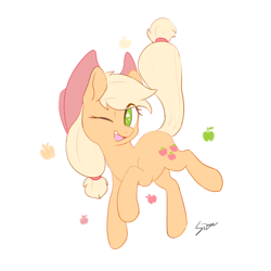 Size: 800x800 | Tagged: safe, artist:sion, applejack, earth pony, pony, g4, apple, cowboy hat, cute, cutie mark eyes, female, food, hat, jackabetes, looking at you, mare, no pupils, one eye closed, open mouth, simple background, solo, white background, wingding eyes, wink