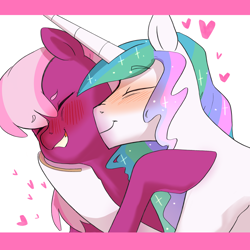 Size: 2048x2048 | Tagged: safe, artist:aztrial, cheerilee, princess celestia, alicorn, earth pony, pony, g4, blushing, female, high res, lesbian, nuzzling, ship:cheerilestia, shipping