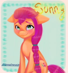 Size: 1956x2096 | Tagged: safe, artist:hannagm15byhan1, sunny starscout, earth pony, pony, g5, abstract background, blushing, braid, cute, female, floppy ears, looking at you, mare, sitting, smiling, solo, sunnybetes, text