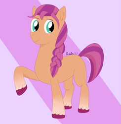 Size: 915x935 | Tagged: safe, artist:coolpurpledudette, sunny starscout, earth pony, pony, g5, abstract background, braid, female, mare, raised hoof, smiling, solo, unshorn fetlocks