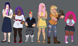Size: 3367x2000 | Tagged: safe, artist:theartfox2468, applejack, fluttershy, pinkie pie, rainbow dash, rarity, twilight sparkle, human, g4, alternate hairstyle, applejack's hat, bandaid, barefoot, belt, black background, boots, bracelet, camouflage, clothes, converse, cowboy hat, dark skin, diversity, dress, ear piercing, earring, eye scar, eyeshadow, feet, female, flannel, flats, freckles, gloves, grin, hat, high heels, high res, humanized, jacket, jeans, jewelry, leaf, lip bite, makeup, mane six, nail polish, necklace, necktie, one eye closed, open mouth, pants, piercing, ripped jeans, ripped pants, sandals, scar, shoes, shorts, simple background, size difference, skirt, smiling, smirk, socks, stick, stockings, suspenders, sweater, thigh highs, torn clothes, wall of tags, wink