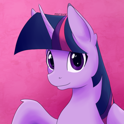 Size: 800x800 | Tagged: safe, artist:maravor, twilight sparkle, alicorn, pony, g4, bust, female, looking at you, mare, pink background, portrait, simple background, solo, twilight sparkle (alicorn)