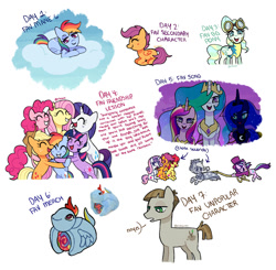 Size: 1020x1000 | Tagged: safe, artist:risswm, apple bloom, applejack, fluttershy, mudbriar, pinkie pie, princess cadance, princess celestia, princess luna, rainbow dash, rarity, scootaloo, snowfall frost, spirit of hearth's warming past, starlight glimmer, sweetie belle, twilight sparkle, vapor trail, alicorn, earth pony, pegasus, pony, unicorn, g4, the cutie mark chronicles, alicorn triarchy, cloud, cutie mark crusaders, dialogue, februpony, female, filly, lying down, male, mane six, mare, merchandise, not salmon, older, older apple bloom, older cmc, older scootaloo, older sweetie belle, on a cloud, ponyloaf, prone, simple background, speech bubble, stallion, wat, white background, you'll play your part