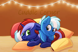 Size: 1024x683 | Tagged: safe, artist:exobass, oc, oc only, oc:anny tr3e, oc:exobass, pegasus, pony, unicorn, cuddling, female, male, pillow