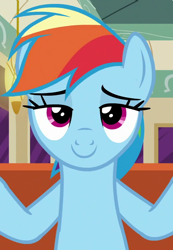 Size: 520x750 | Tagged: safe, screencap, rainbow dash, pegasus, pony, g4, the saddle row review, cropped, female, lidded eyes, looking at you, mare, smiling, solo