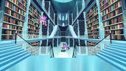 Size: 1280x720 | Tagged: safe, screencap, princess cadance, twilight sparkle, alicorn, pony, g4, my little pony: friendship is magic, the crystalling, bipedal, bipedal leaning, book, bookshelf, crown, crystal empire, crystal empire library, duo, female, flying, glowing horn, horn, jewelry, leaning, library, magic, magic aura, mare, regalia, sisters-in-law, telekinesis