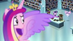 Size: 1280x720 | Tagged: safe, screencap, princess cadance, princess flurry heart, twilight sparkle, alicorn, pony, g4, the crystalling, book, bookshelf, crown, crystal empire, diaper, eyes closed, female, flying, jewelry, library, mare, mother and child, mother and daughter, open mouth, regalia, sisters-in-law, trio, trio female, twilight sparkle (alicorn)