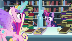 Size: 1280x720 | Tagged: safe, screencap, princess cadance, twilight sparkle, alicorn, pony, g4, the crystalling, book, bookshelf, crown, crystal empire, duo, duo female, female, flying, glowing horn, horn, jewelry, library, magic, magic aura, mare, regalia, sisters-in-law, telekinesis, twilight sparkle (alicorn)