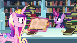 Size: 1280x720 | Tagged: safe, screencap, princess cadance, twilight sparkle, alicorn, pony, g4, the crystalling, book, bookshelf, crown, crystal empire, duo, duo female, female, glowing horn, horn, jewelry, library, magic, magic aura, mare, open mouth, regalia, sisters-in-law, telekinesis, twilight sparkle (alicorn)