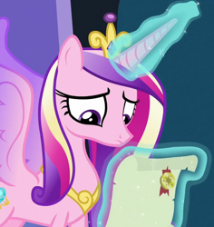 Size: 1062x1125 | Tagged: safe, edit, screencap, princess cadance, alicorn, pony, g4, the ending of the end, cropped, crown, female, glowing horn, horn, jewelry, looking down, magic, magic aura, mare, regalia, scroll, solo, telekinesis