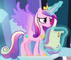 Size: 1114x943 | Tagged: safe, edit, screencap, princess cadance, alicorn, pony, g4, the ending of the end, cropped, crown, female, glowing horn, horn, jewelry, magic, magic aura, mare, regalia, scroll, solo, telekinesis