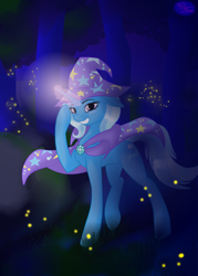Size: 2500x3500 | Tagged: safe, artist:max_torreto, derpibooru exclusive, trixie, firefly (insect), insect, pony, g4, cape, clothes, female, forest, hat, high res, magic, mare, night, raised leg, solo, trixie's cape, trixie's hat