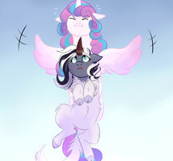 Size: 1230x1146 | Tagged: safe, artist:imperiialfrost, princess flurry heart, oc, oc:monsoon blossom, hybrid, kirin, g4, interspecies offspring, offspring, older, parent:oc:wintertide frost, parent:storm king, parents:canon x oc