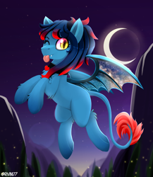 Size: 2600x3000 | Tagged: safe, artist:rivin177, oc, oc only, bat pony, pony, ;p, bat pony oc, bat wings, commission, crescent moon, flying, high res, leonine tail, moon, moonlight, night, one eye closed, purple sky, solo, tail, tongue out, wings