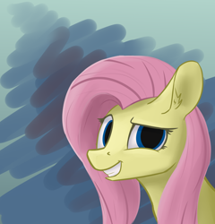 Size: 2500x2600 | Tagged: safe, artist:shturmpony, fluttershy, pony, g4, abstract background, always works, bust, dreamworks face, female, grin, high res, looking at you, mare, portrait, scene interpretation, screenshot redraw, smiling, solo, three quarter view
