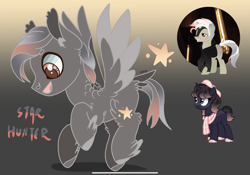 Size: 2388x1668 | Tagged: safe, artist:caramelbolt24, oc, oc only, oc:star hunter, pegasus, pony, unicorn, abstract background, clothes, colored hooves, ear fluff, feathered fetlocks, horn, open mouth, pegasus oc, scarf, signature, smiling, two toned wings, unicorn oc, wings