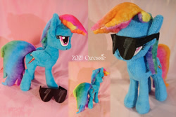 Size: 1024x683 | Tagged: safe, artist:cwossie, rainbow dash, pegasus, pony, g4, cool, cooler, female, folded wings, gradient mane, irl, multiple views, photo, plushie, solo, sunglasses, wings