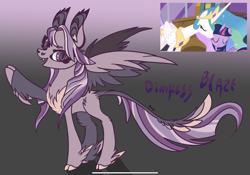 Size: 2388x1668 | Tagged: safe, artist:caramelbolt24, princess celestia, twilight sparkle, oc, oc:dimness blaze, alicorn, pegasus, pony, g4, princess twilight sparkle (episode), cloven hooves, ear fluff, eyelashes, eyes closed, fangs, feathered fetlocks, female, gradient background, horn, jewelry, leonine tail, magical lesbian spawn, mare, offspring, open mouth, parent:princess celestia, parent:twilight sparkle, parents:twilestia, pegasus oc, peytral, screencap reference, signature, tiara, twilight sparkle (alicorn), wings