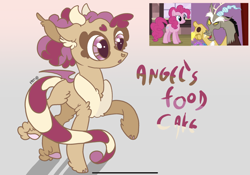 Size: 2388x1668 | Tagged: safe, artist:caramelbolt24, discord, pinkie pie, oc, oc:angels food cake, draconequus, earth pony, pony, g4, the return of harmony, abstract background, bust, ear fluff, female, interspecies offspring, male, mare, offspring, one eye closed, parent:discord, parent:pinkie pie, parents:discopie, reference sheet, screencap reference, signature, wink